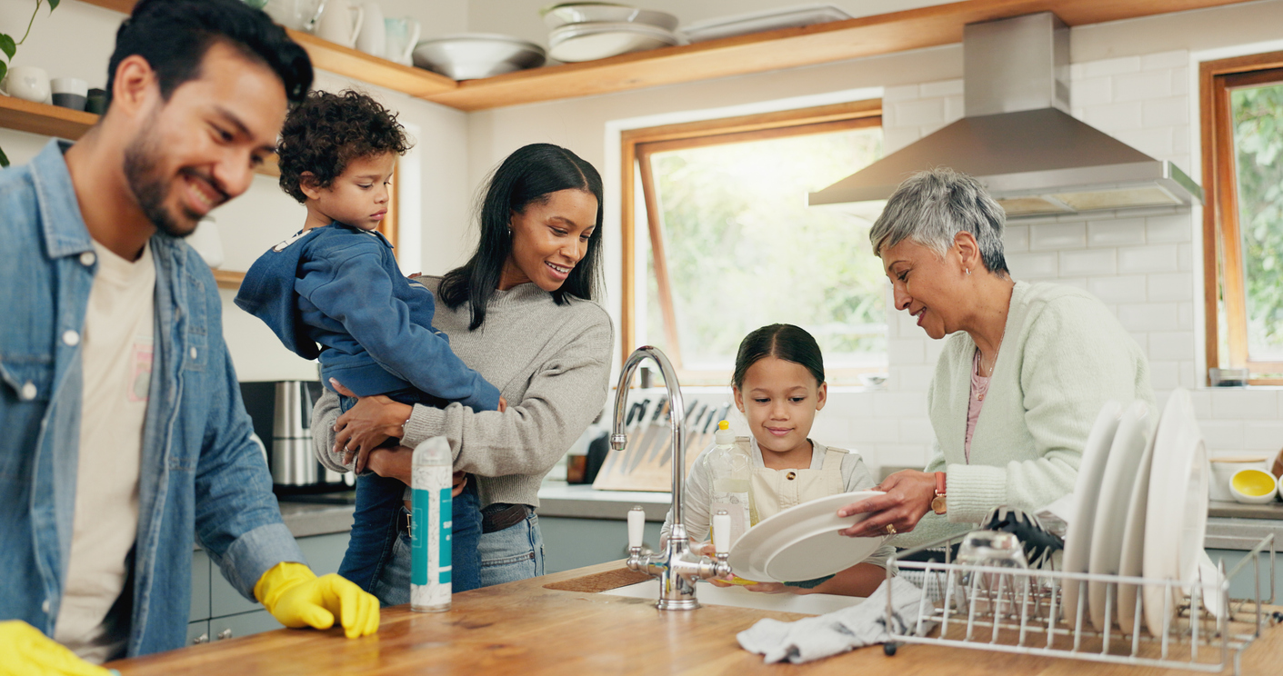 Household Products - Family cleaning in the kitchen.